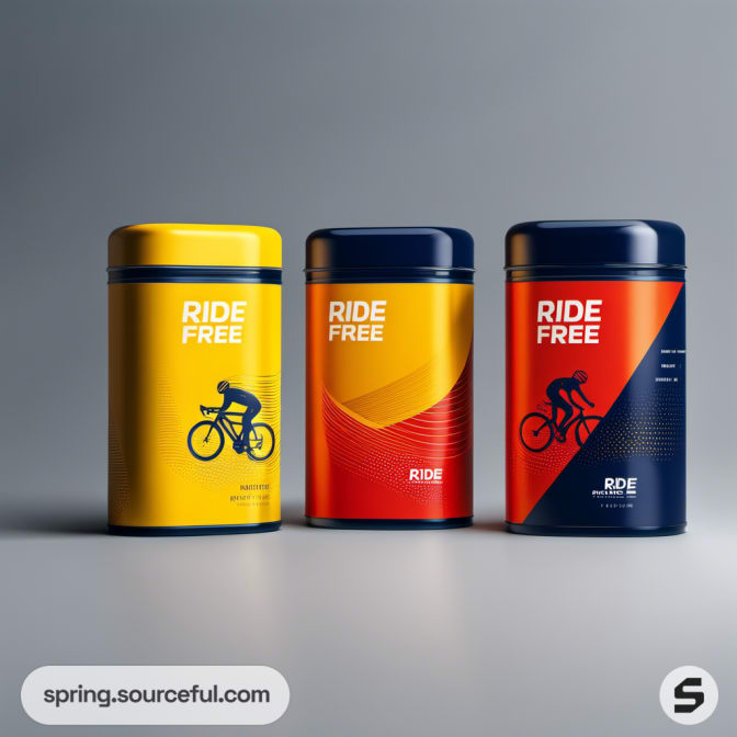 Three Ride Free tins featuring cyclist graphics in tri-color.