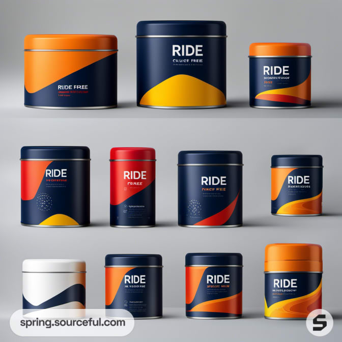 Assorted Ride tins with colorful graphics in a grid layout.