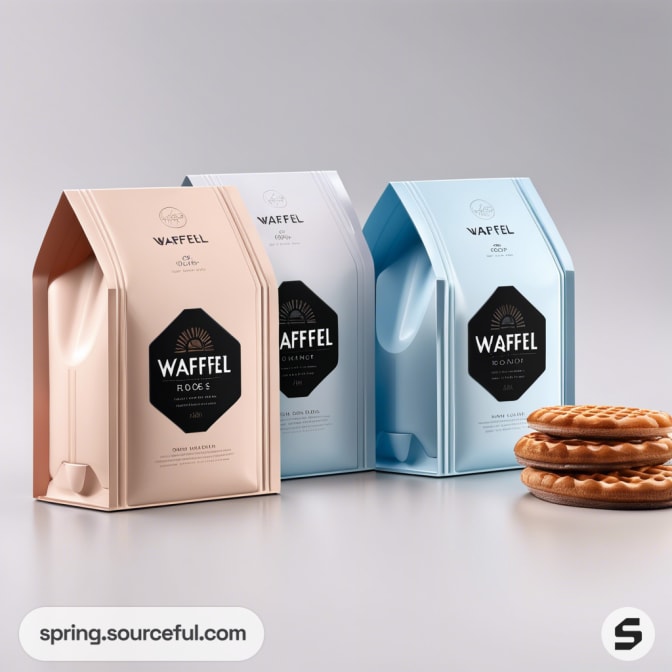 Elegant waffle packaging in pastel colors with waffles on the side.