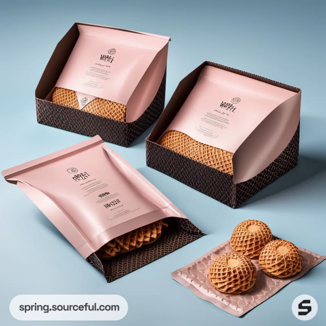 Sleek pink packaging showcasing waffles and boxes.