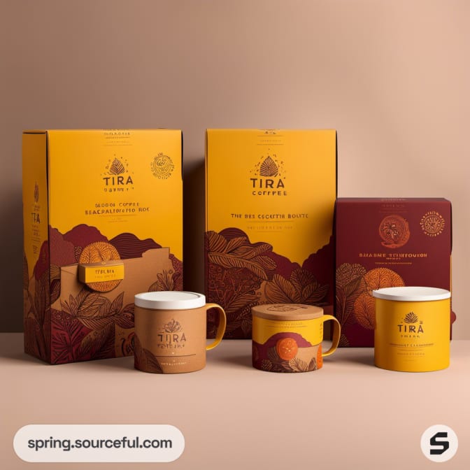 Two coffee-themed gift boxes with patterned mugs on a neutral background.