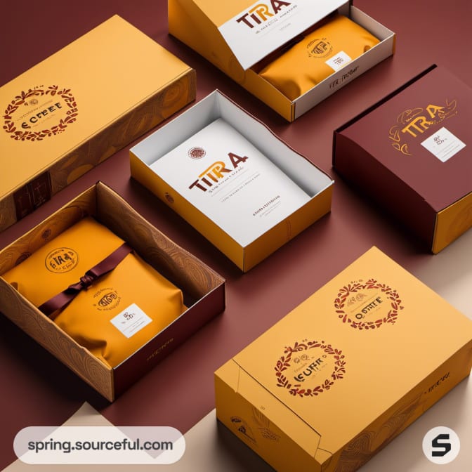 Assorted coffee packaging boxes in red and yellow with decorative elements.