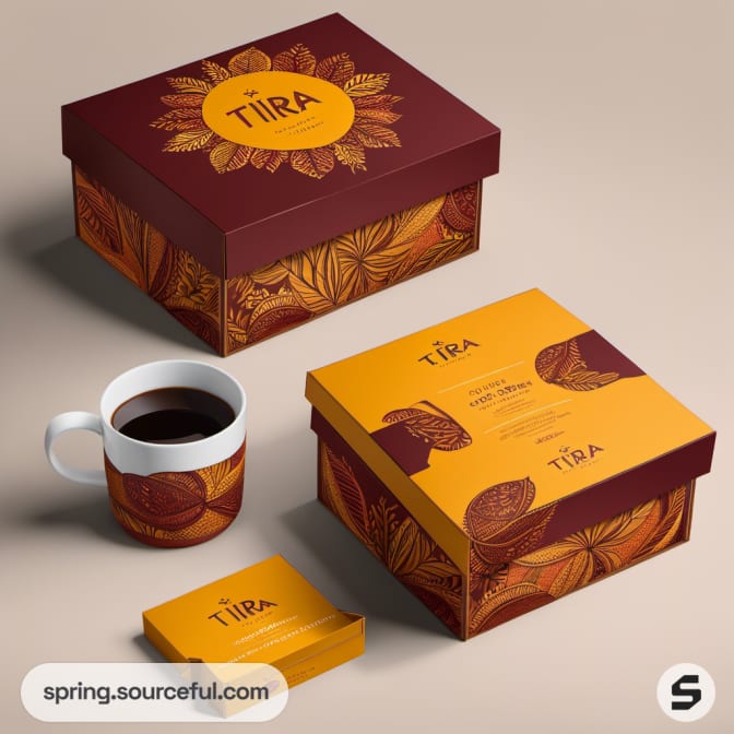 Gift box with coffee mug and decorative pattern on beige background.