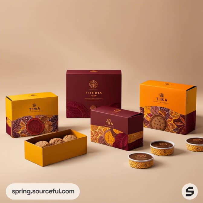 Assorted biscuit gift boxes in vibrant patterns on a neutral background.
