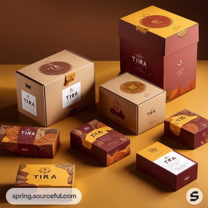 Variety of coffee boxes in red and beige on a warm background.
