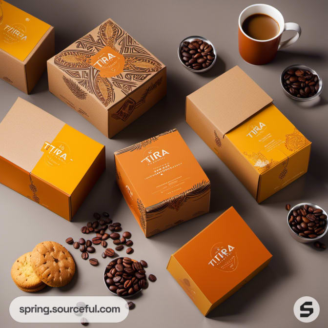 Coffee and biscuit gift boxes with coffee beans spread around.