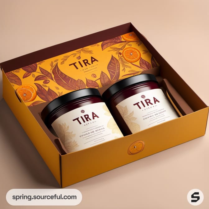 Two coffee jars in a decorative orange and maroon box.