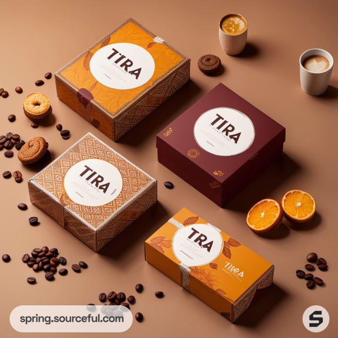 Four coffee boxes with decorative patterns and scattered coffee beans.