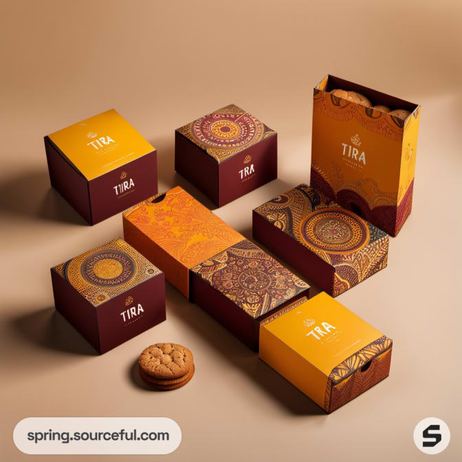Decorative coffee gift boxes with intricate patterns on beige background.