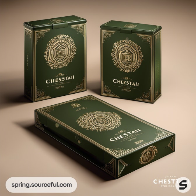 Sophisticated dark green packaging with gold detailing for 'CHESTAI'.
