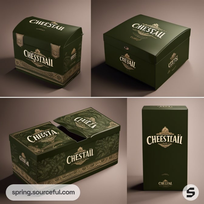 Dark green and gold boxes for 'CHESTAI', featuring intricate designs.