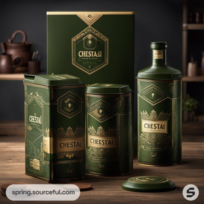 Luxurious green packaging with a bottle and boxes labeled 'CHESTAI'.