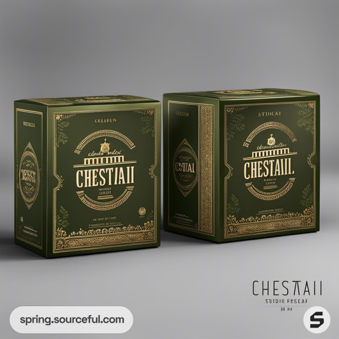 Classic dark green square boxes with gold accents for 'CHESTAI'.