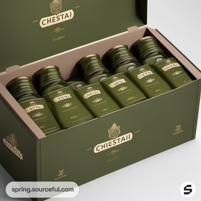 Box containing multiple green bottles labeled 'CHESTAI' inside.