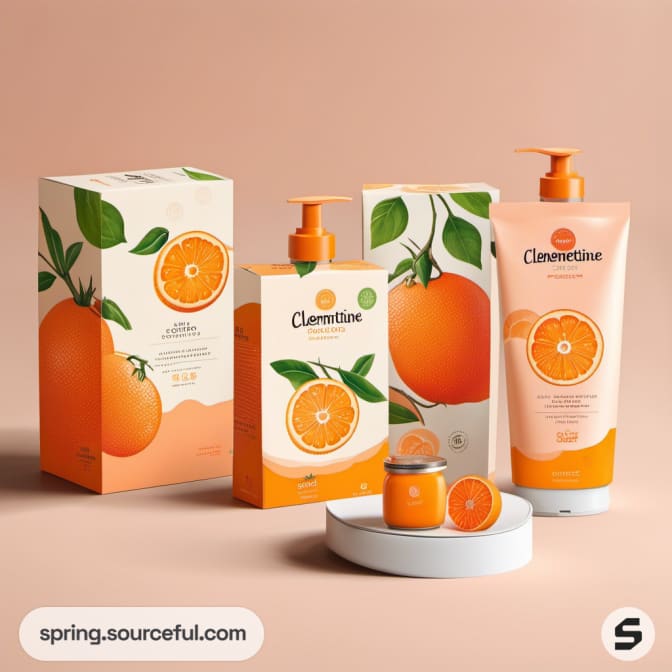 Clementine-themed packaging with lotion bottles and boxes on a peach backdrop.