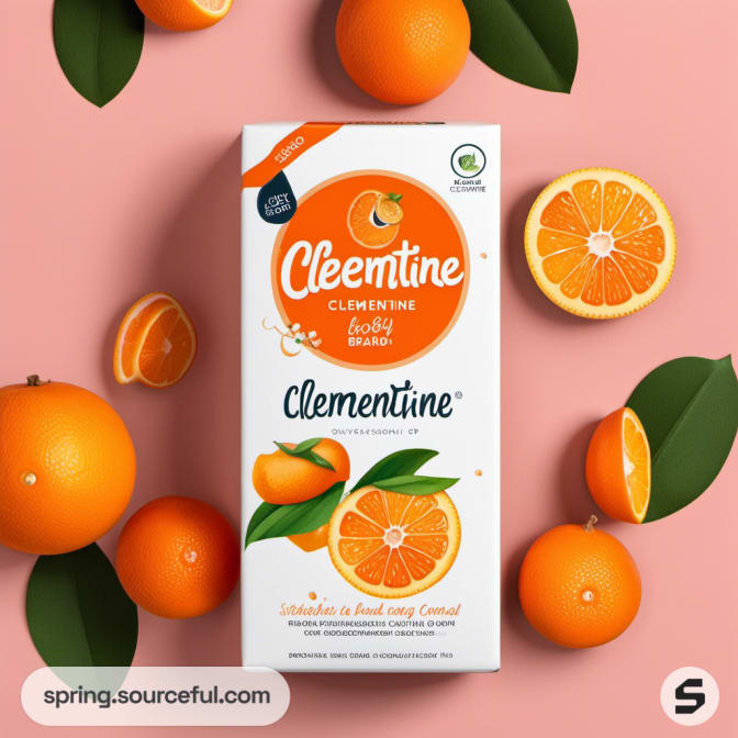 Clementine cereal box with orange illustrations on a pink background with fruit.