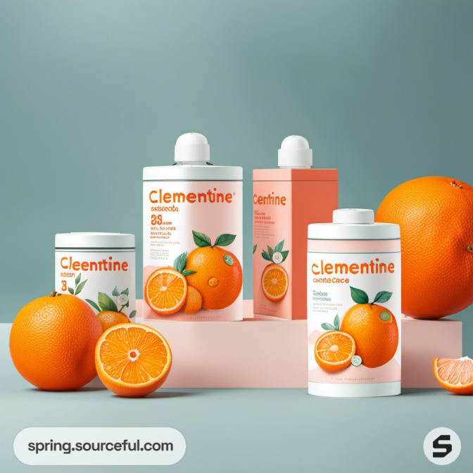 Clementine-themed bottles and cartons with oranges on a teal background.