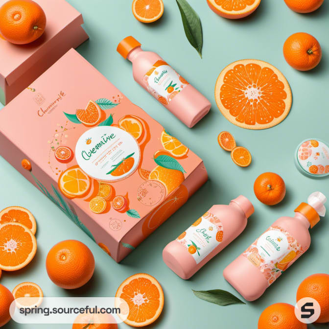 Clementine gift box and bottles with orange graphics on a teal background.