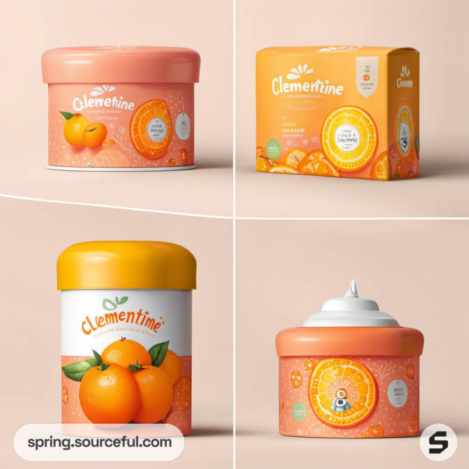 Clementine-themed tins and boxes with fruit illustrations on a beige backdrop.