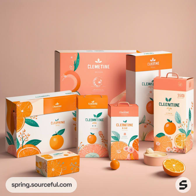 Assorted clementine-themed boxes with citrus designs on a peach background.