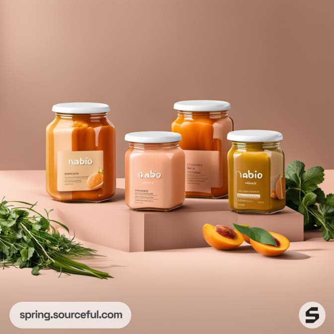 Assorted jars of colorful puree on peach background with herbs