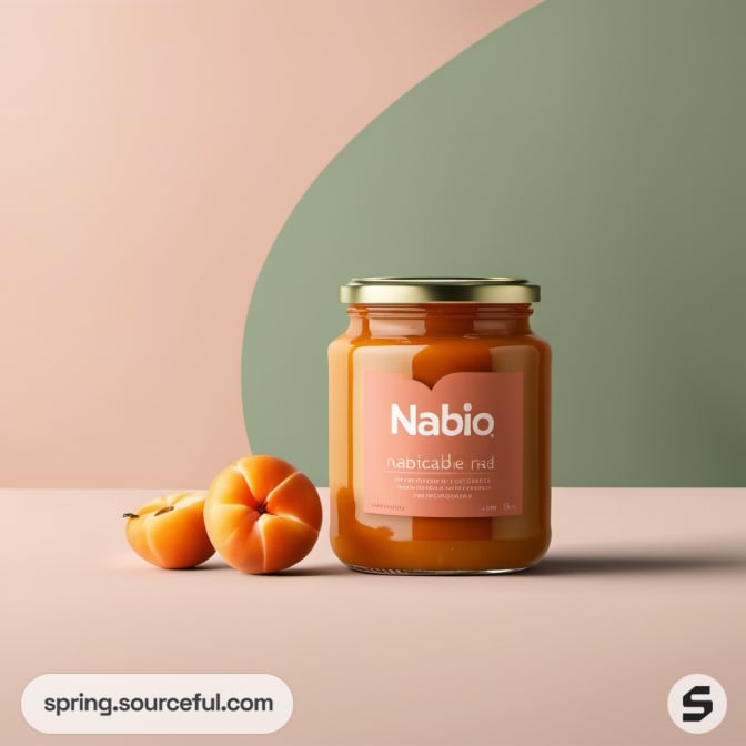 Single jar of puree with apricots on pastel backdrop