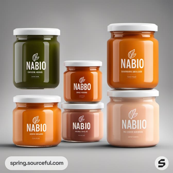 Various jars of puree in green and orange hues on gray background