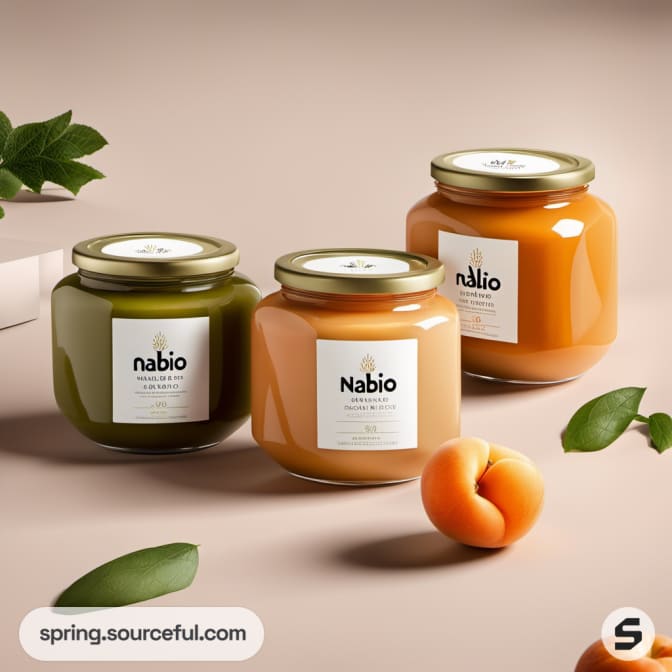 Three jars of puree with leaves and apricot on light surface