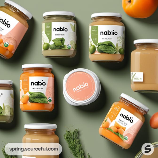 Nine jars of puree arranged on green background with vegetables