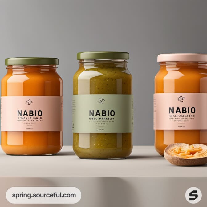 Three jars of puree on gray backdrop with a small dish of slices