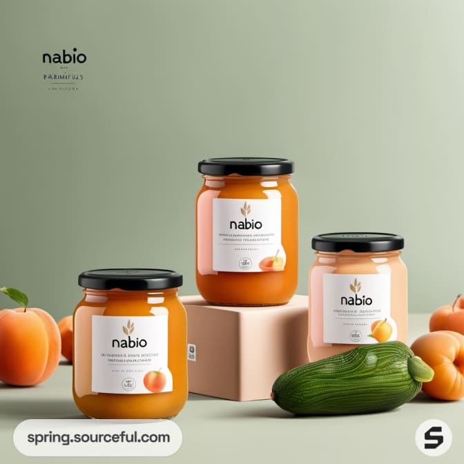 Three jars of puree on decorative blocks with apricots and cucumber