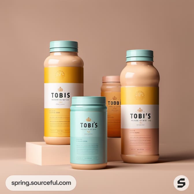 Assorted juice bottles with pastel labels in various sizes on a neutral background.