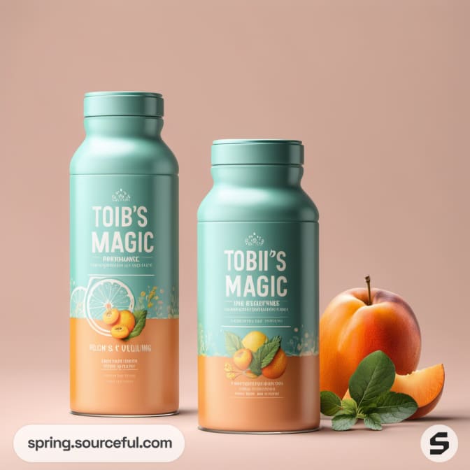 Two juice bottles with fruit graphics, one teal and one peach, with an apple and mint.