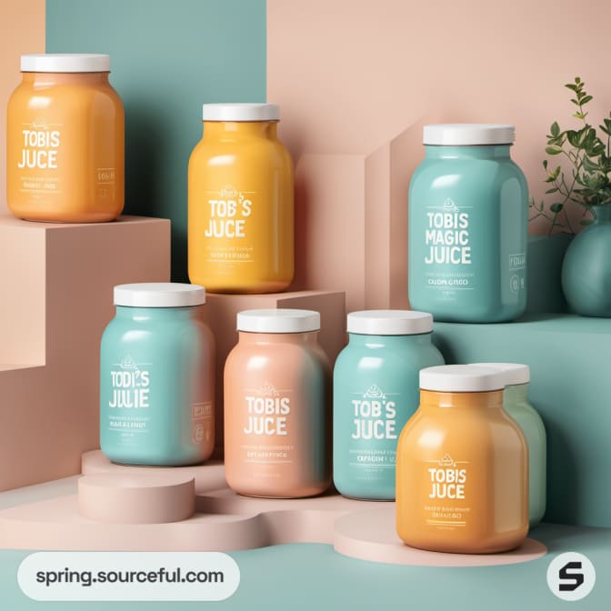 Set of juice jars in teal and peach on stacked platforms with plants.