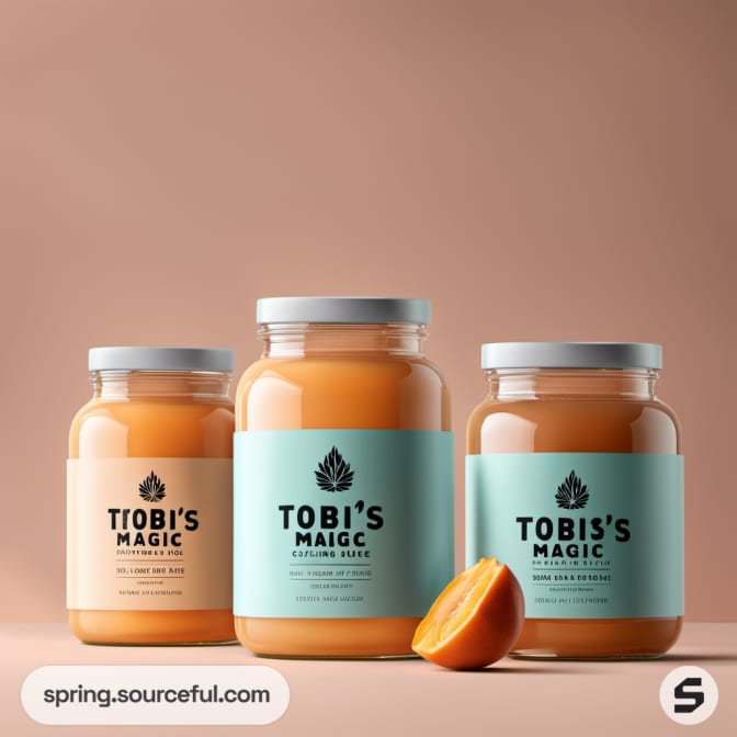 Three large orange juice jars with teal labels, standing upright on a simple background.