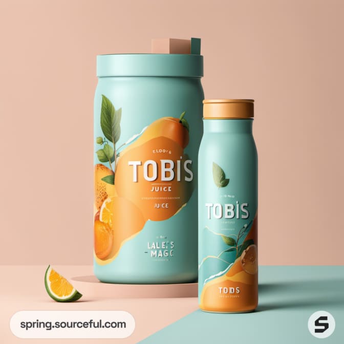 Two cylindrical juice containers, teal with fruit graphics, partially open with citrus slices.