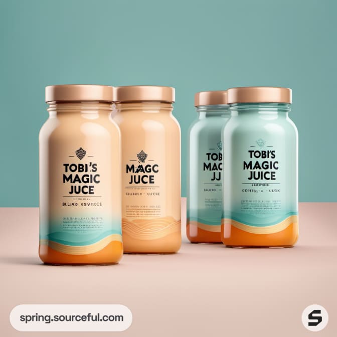 Four bottles with teal and peach labels, styled with hints of gold on a neutral base.