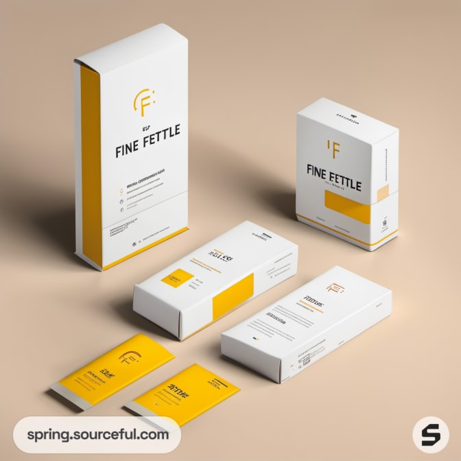 White and yellow product boxes and sachets with black text on a beige background.