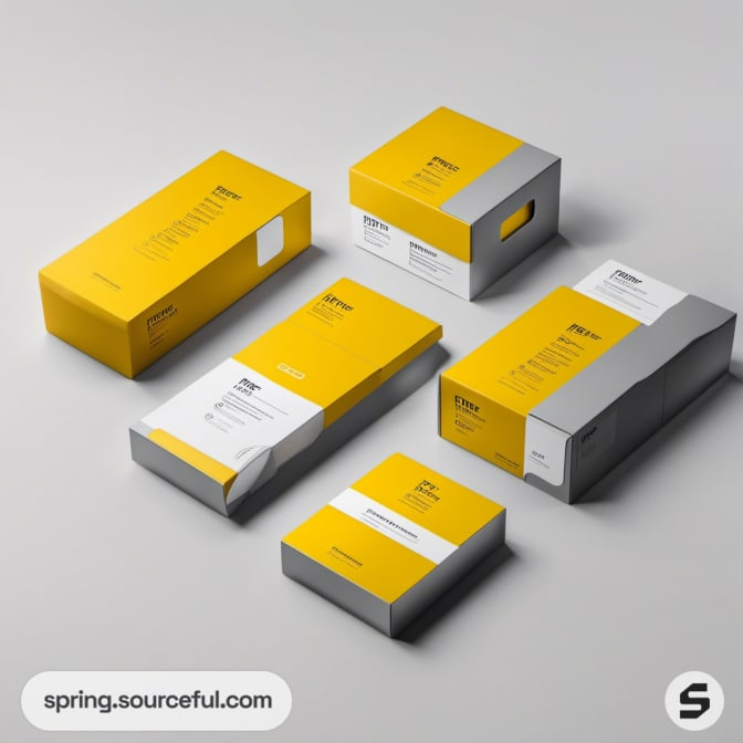 Yellow and gray packaging boxes with white labels on a light gray surface.