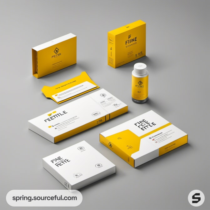 Assorted white and yellow packaging with tablets and sachets on a gray surface.
