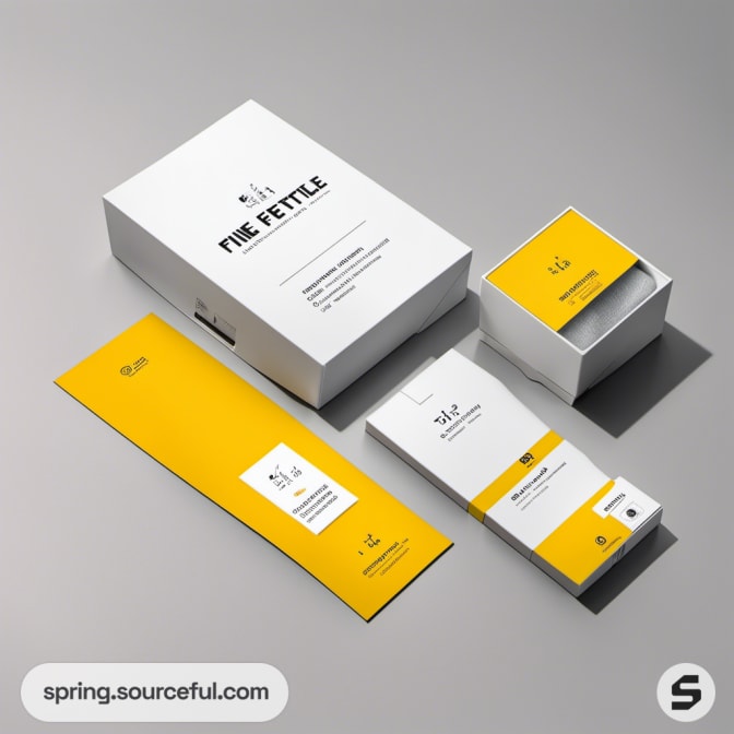 White box with yellow brochure and smaller packages on a gray background.