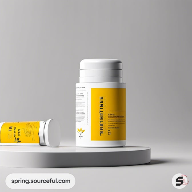 White cylindrical bottles with yellow labels on a white platform.