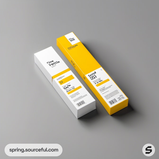 White and yellow rectangular product boxes on a gray background.