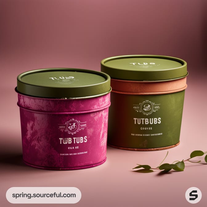 Two cylindrical container packs, one pink and one green, on a pink background.