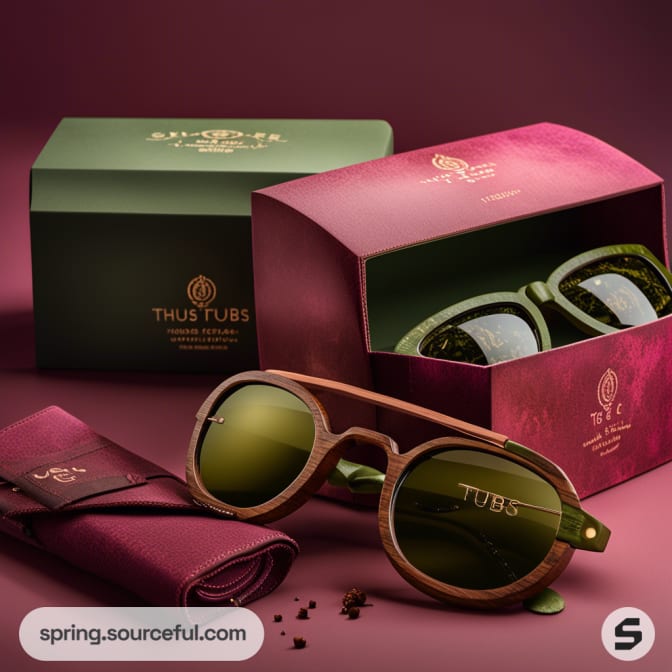 Two sunglasses displayed with green and pink boxes, on a maroon background.