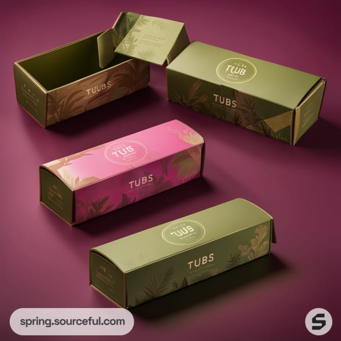 Four rectangular boxes, green and pink, on a red surface.