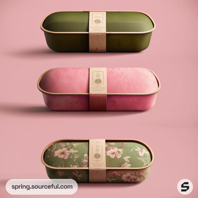 Three oblong containers in pink, green polka dot, and green floral on a pink background.
