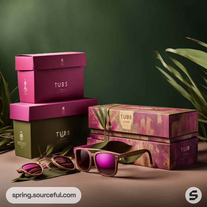 Stacked pink and green boxes with sunglasses, against a green backdrop.