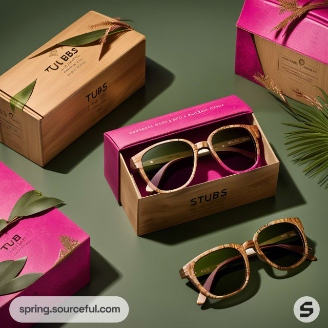Wooden box with sunglasses, one pair outside, on a green surface with foliage.