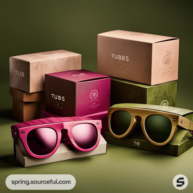 Stacked natural and pink boxes with sunglasses, on a green background.